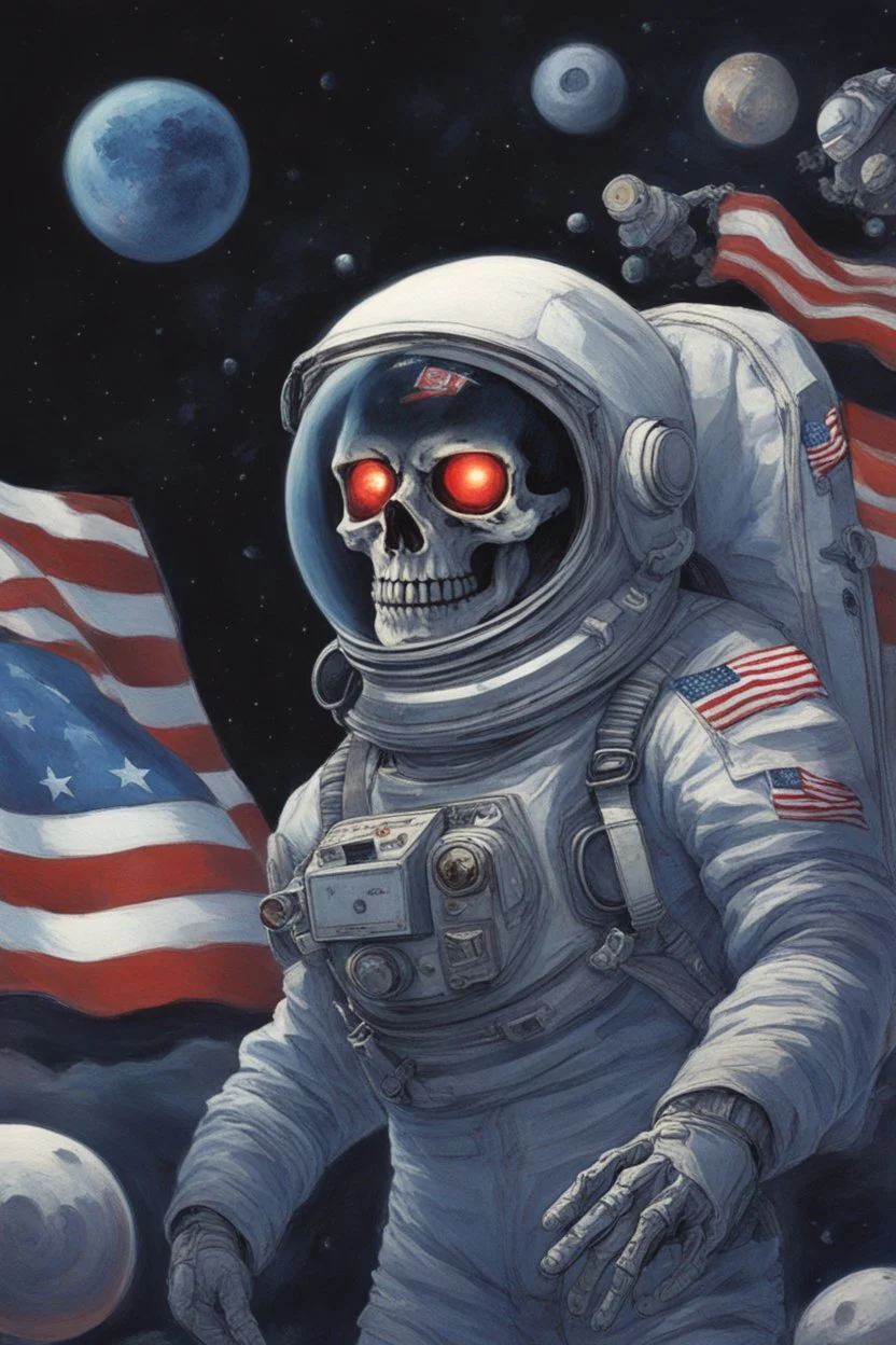 A close up of a skeleton face looking shocked, in an astronaut helmet and suit floating in space. inside the hollow eyes are red shining lights, scary. On his suit is an American flag and in his one hand is a small wavering American flag, on it is written "boned in the USA". From the back of his suit is blowing out blue, white and red smoke. Realistic, 8k, highly detailed, funny