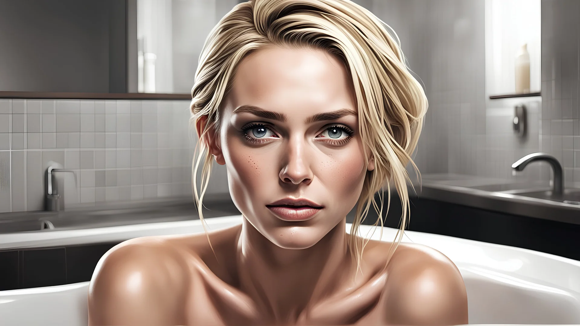 žena 35 let, blond rovné vlasy po ramena, šedé oči, velmi úzké a vykrojené rty, sedí na ve vaně, veliký kontrast, hodně detailů, velmi realistické, RAW
