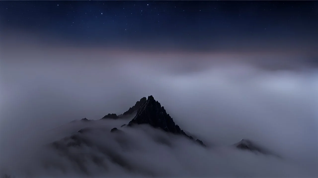 looking down at misty foreground and night sky background, no sun, single sharp narrow mountain peak coming through the mist in the center