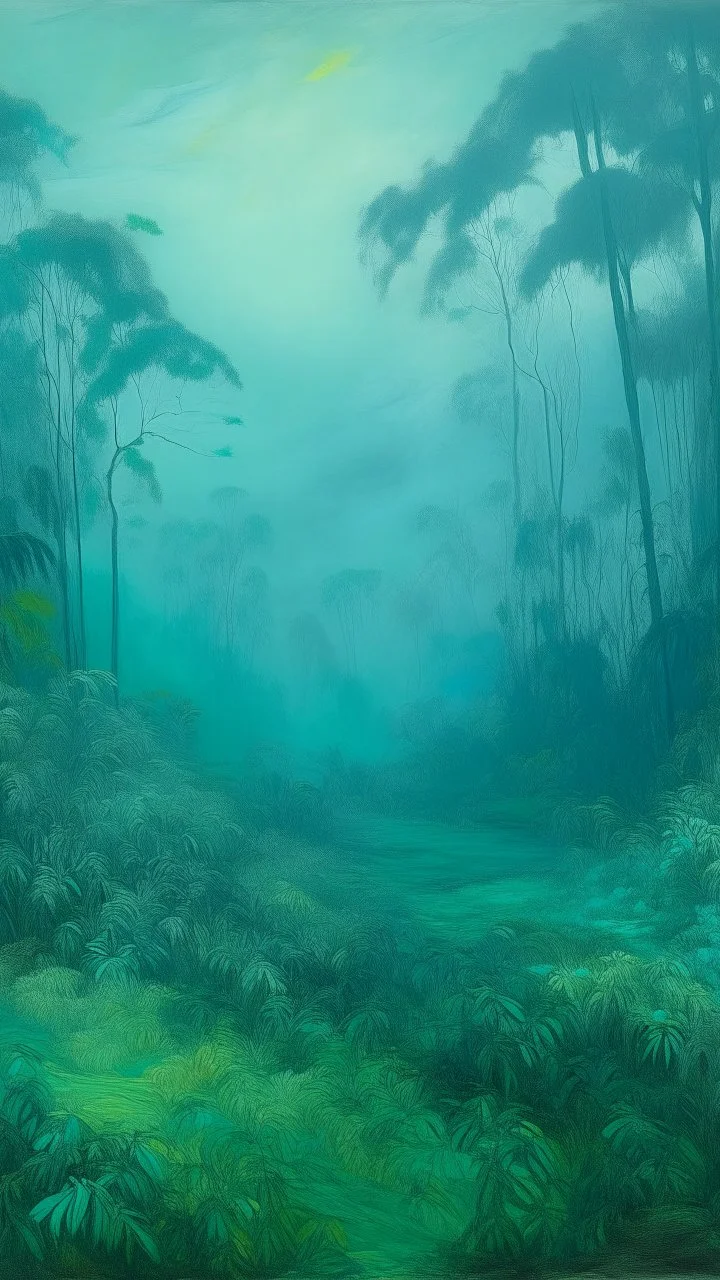 A cyan rainforest covered in thick fog painted by Vincent van Gogh