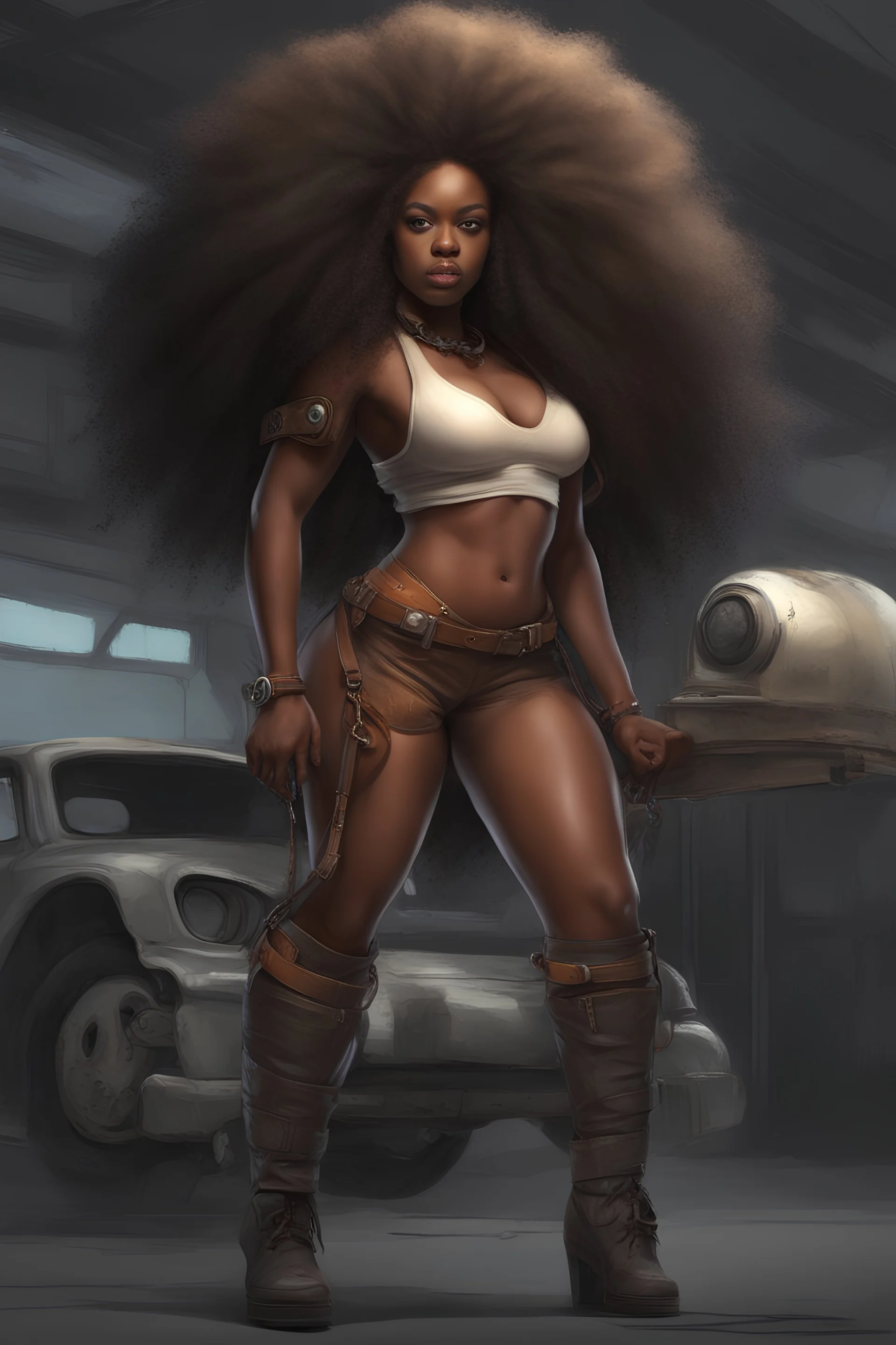 african curvy fantasy mechanic girl with long big afro hair