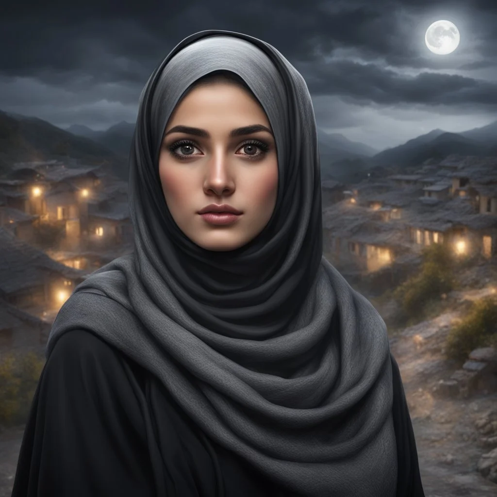 Hyper Realistic close-up-view of Beautiful Pashto Girl in hijab with beautiful hair & beautiful eyes fully-covered-in-black-dress-&-grey-shawl standing outside village-houses on mountain-top at night with cloudy-moonlight showing dramatic & cinematic ambiance