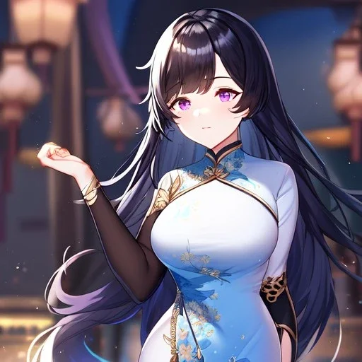 Clear focus,High resolution, Black long fluffy hair, and purple eyes, wearing a chinese dress, cute