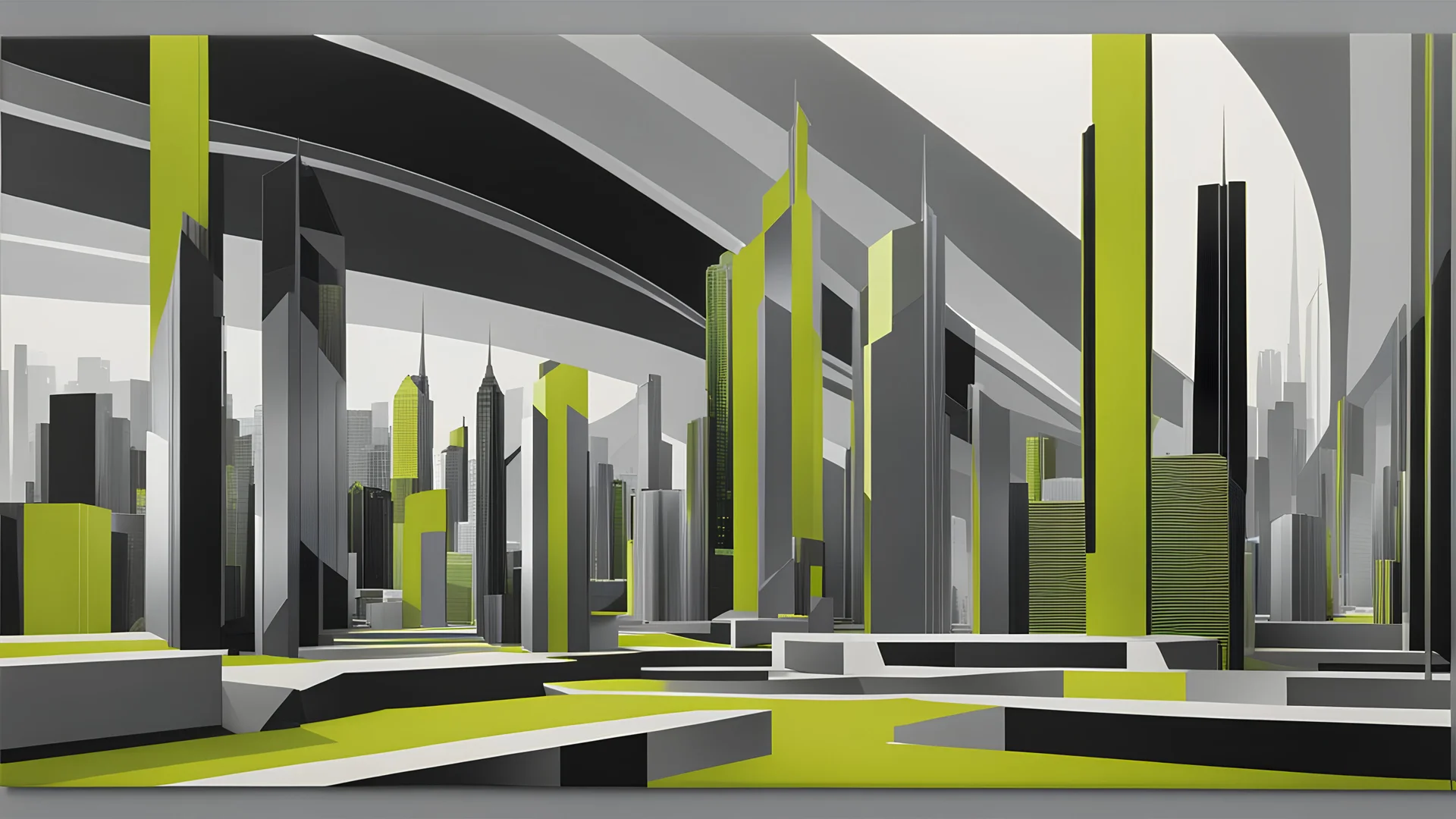 (hustle and bustle:15), loop kick, (deconstruct:28), retro futurism style, urban canyon, centered, overhead view, great verticals, great parallels, hard edge, colors of metallic chartreuse and metallic steel grey