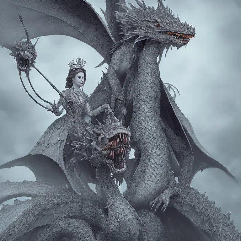 epic photo of queen elizabeth riding a dragon by tim burton