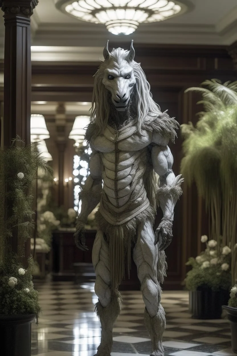 a werewolf humanoid unicorn equisapien lycanthrope male standing in a liminal garden hotel lobby