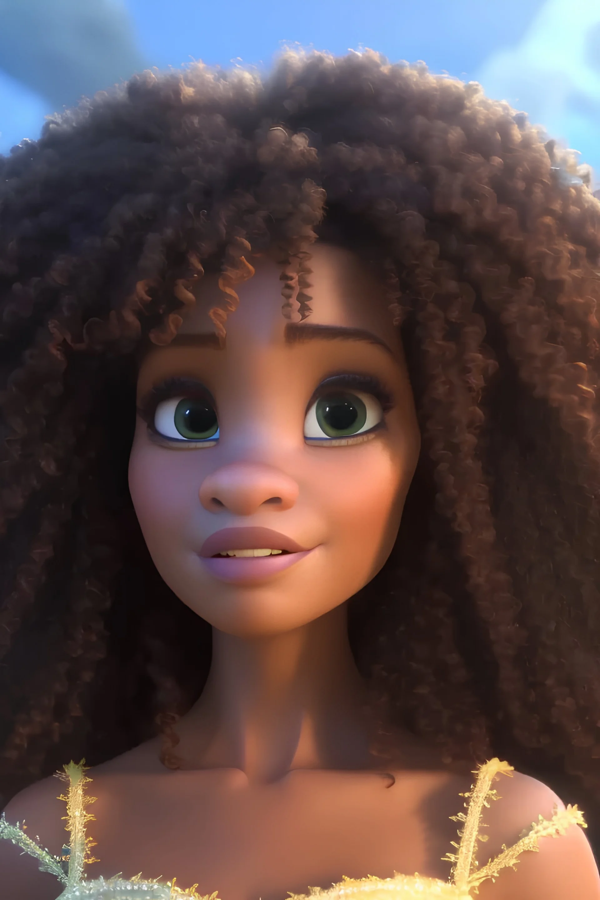 perfektes lächeln einer wunderschönen afro-deutschen Frau mit gelocktem braunem haar grosse oberweite portrait hyperrealistisch cinematic oberkörper