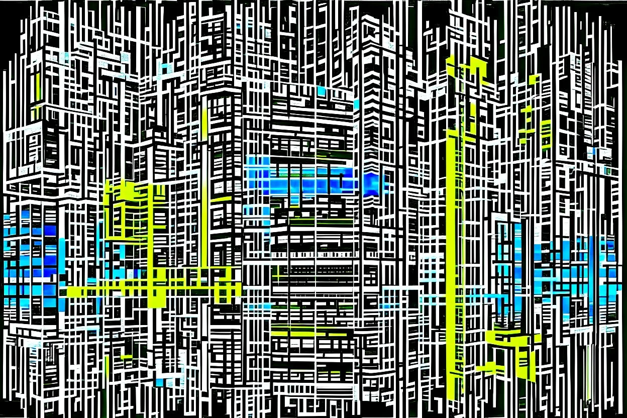 Double exposure transparent glich picture silhouette of a building, bridges, white noise, distorted, abstract patterns, glitch art with distorted shapes, optical illusion, gray-yellow and blue gradient effect, rhythmic noise particles. Grain scored texture. Black background.