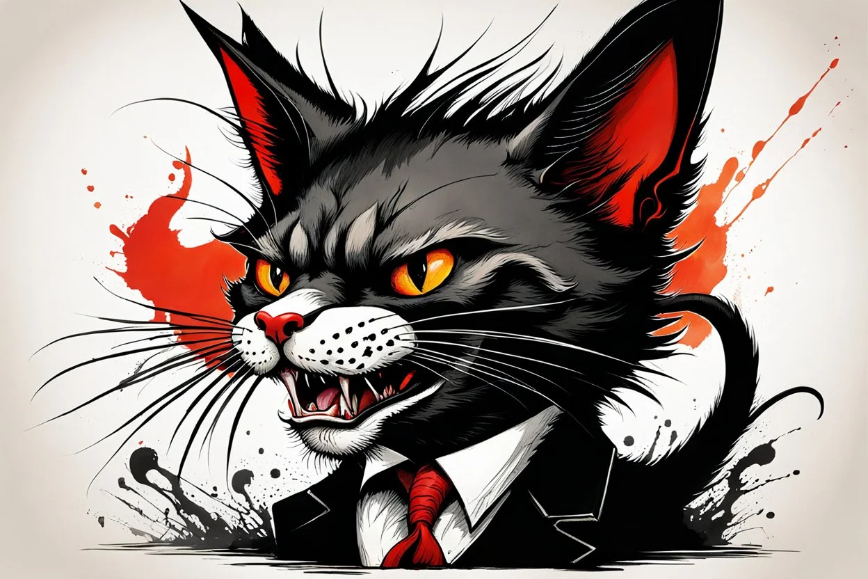 create a wild caricature of a savage, ravenous, gothpunk vampire cat, in the caricature style of Gerald Scarfe and Ralph Steadman, precisely drawn, boldly inked, vividly colored, 4k