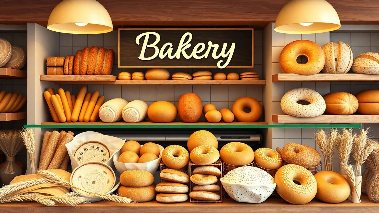 A design for a bakery shop that is filled with fancy breads, including baguette, sandwich, test, bagel, tortilla, white, and whole wheat, wheat ears, and sesame seeds.