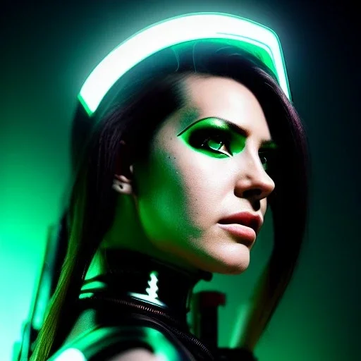 portrait, beautiful punk busty female Cyborg, intense stare, Glowing sad green eyes, post-apocalyptic in a cyberpunk city,minimal skintight latex dress, bladerunner, realistic, intriacte detail, sci-fi fantasy style, volumetric lighting, particles, highly detailed ,cinamatic , deep colours,8k, in the style of Kaare Andrews