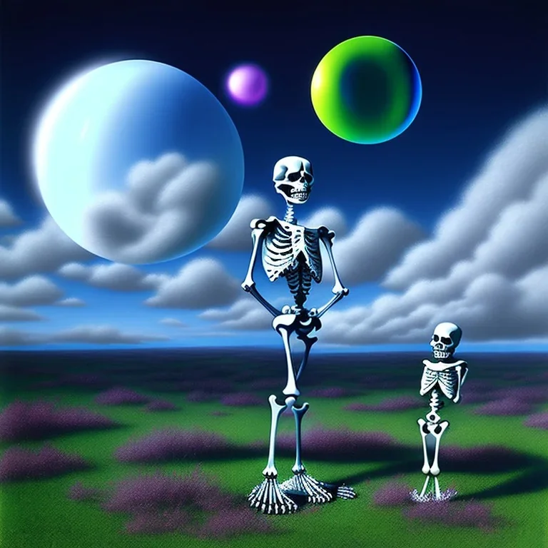 The Skeleton and the Grim Reaper on bubble world, discussing the future of the universe, art by Magritte and Pixar