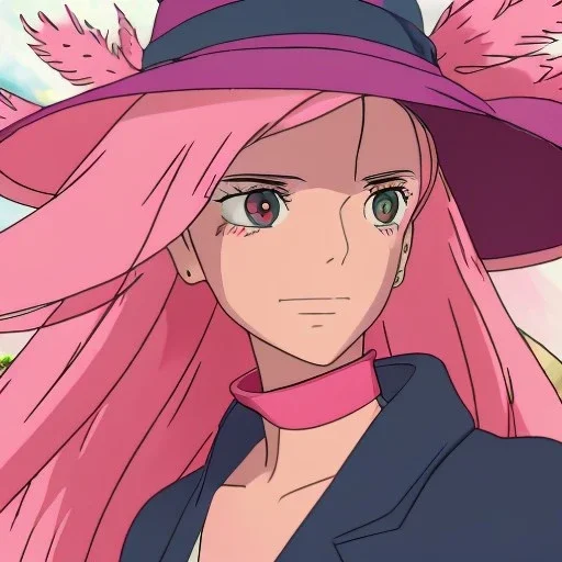 Beautiful pink witch made of fire with red eyes. Long curly wild pastel pink hair. Pink and red eyeshadow. Red lipstick. Freckles. Big pink witch hat.