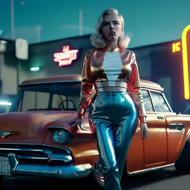 Ultra Realistic retro sci-fi, explosion Supermarket parking scene, 1960 year, blonde mastery woman, sweet scarlet Johansson face, perfect iris, glow eyes, face makeup, tight latex coat; many panic people, Retro sci-fi style, soft color, highly detailed, unreal engine 5, ray tracing, RTX, lumen lighting, ultra detail, volumetric lighting, 3d, finely drawn, high definition, high resolution.