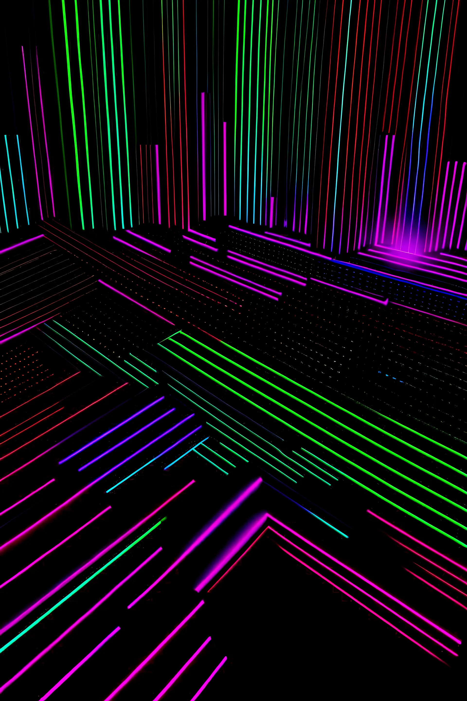 3D rendered tilable regular geometric background in black with neon data strands, high definition