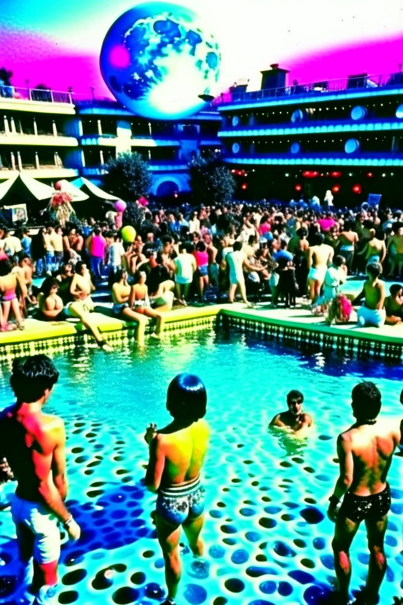 techno rave party in 80's with swimming pool on the moon full