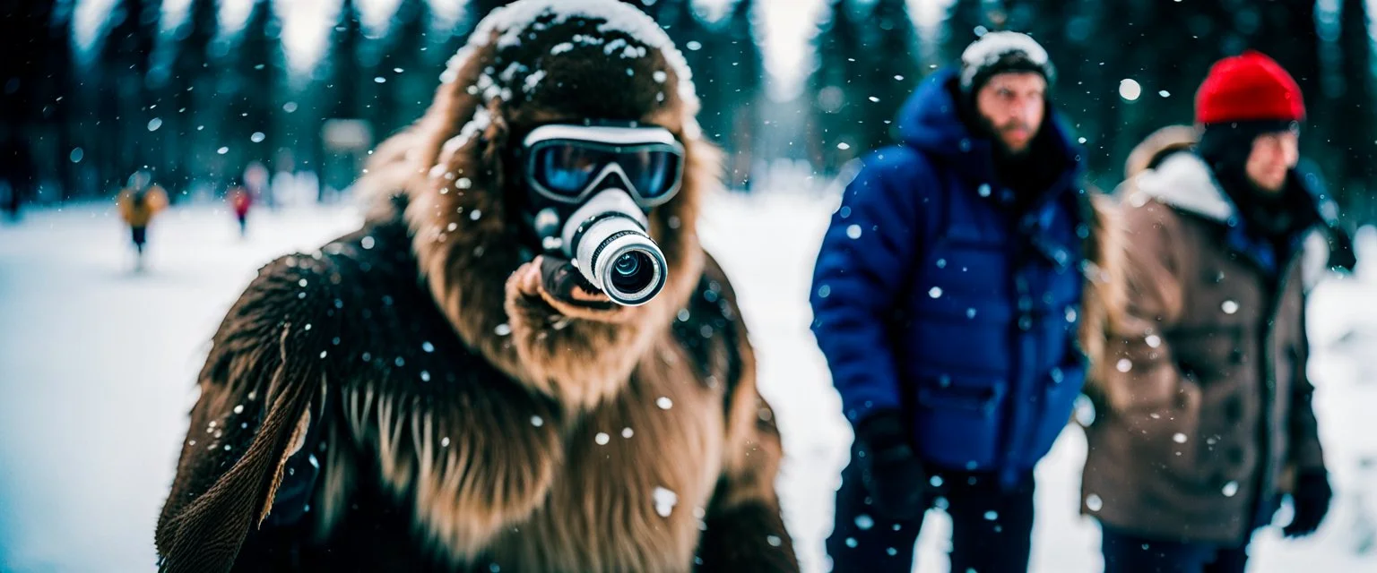 close up documentary photography, Yeti, Polar/Snow Bigfoot, Dystopian, Japanese, Extreme depth of field, bokeh blur, winter, blizzard, Alberta, all-natural, in the style of candid, imperfection, natural lighting, Professional shot, shot on Agfa, Fuji Film, Anamorphic lens, November, 1990s, --ar 4:5 --w 150 --style raw