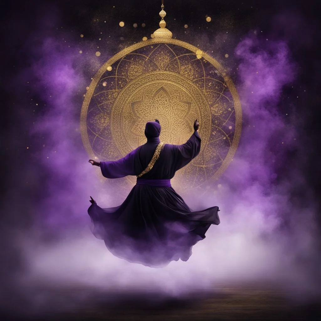 Hyper Realistic Sufi Whirling with Black, & Purple Islamic Sufi Rustic Grungy Background with golden crystals & fog around at night