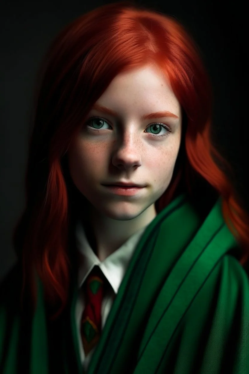 A girl with red hair and green eyes and she is wearing a Hogwarts robe