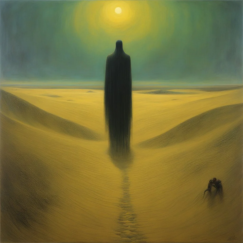 [art by Zdzisław Beksiński] Hunger gnawed, a primal need, 'Till an oasis I found, its sweet waters I drank with greed. Refreshed, but still unsure of my rightful place, I sought shelter, away from prying eyes and alien grace. Wandering these dunes, a mystery unbound, Visions and memories, swirling all around. What forces brought me to this alien ground? A soulful lament, my heart's resound.