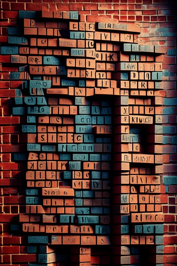 A brick wall made up of words and letters of the English alphabet, Many letters, abstraction. A high-resolution image of 8 K.