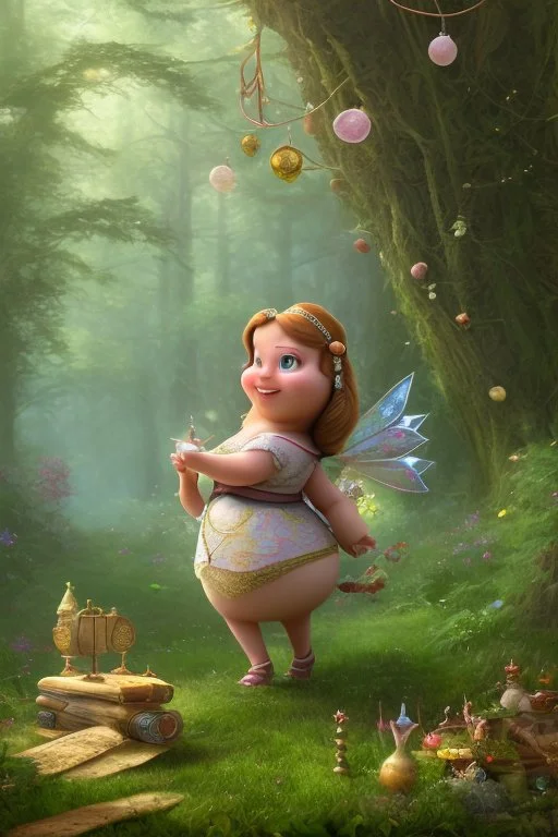 Fat and happy fairy in Forrest background. Style should be like the movie " up"