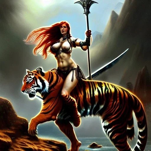 ultra detailed portrait of beautiful Red Sonja riding a Great tiger ,wearing plate armor, extremely detailed digital painting, in the style of Luis Royo and A.J. Manzanedo and Robert Howard and Earl Norem and fenghua zhong and ruan jia and jeremy lipking and peter mohrbacher, mystical colors, rim light, beautiful lighting, 8 k, stunning scene, raytracing, octane, trending on artstation