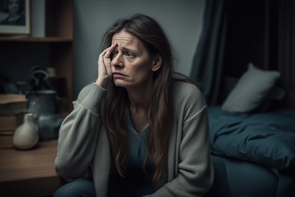 a distraught, sad woman, worried about the future, fearing for her family