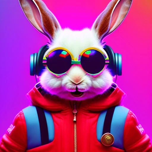 pixar style anamorphic cute smiling baby rabbit, smiling, cyberpunk headphone, sunglass, gangsta gold necklaces, full body, magenta puffer jacket, manila city background, dramatic lighting, hyper realistic, unreal engine 5, 16k