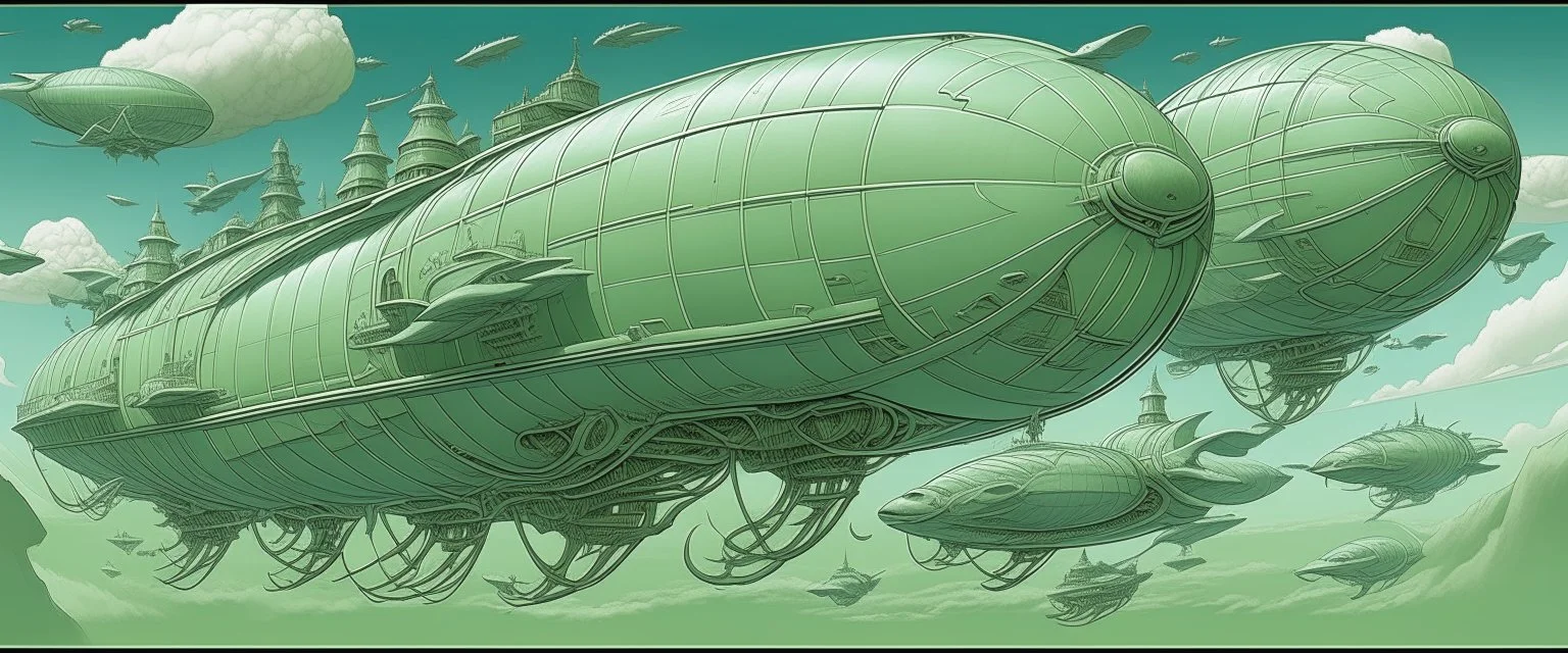 Mint colored airships in a thunderstorm painted by MC Escher