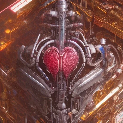  human heart, realistic, cyberpunk, hyperdetailed, intricately detailed, neon shining, darkred tones,