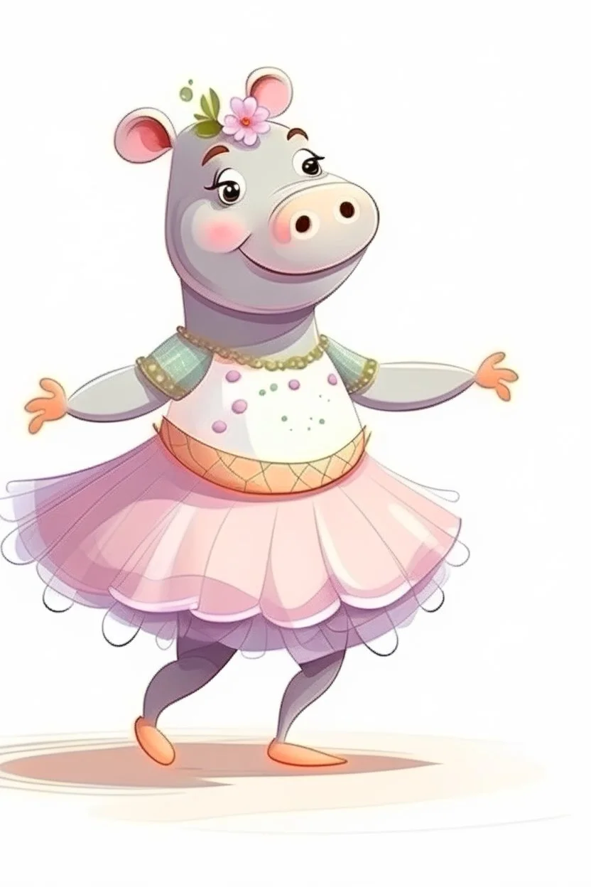 cartoon style: cute little hippo ballerina doing pirouette