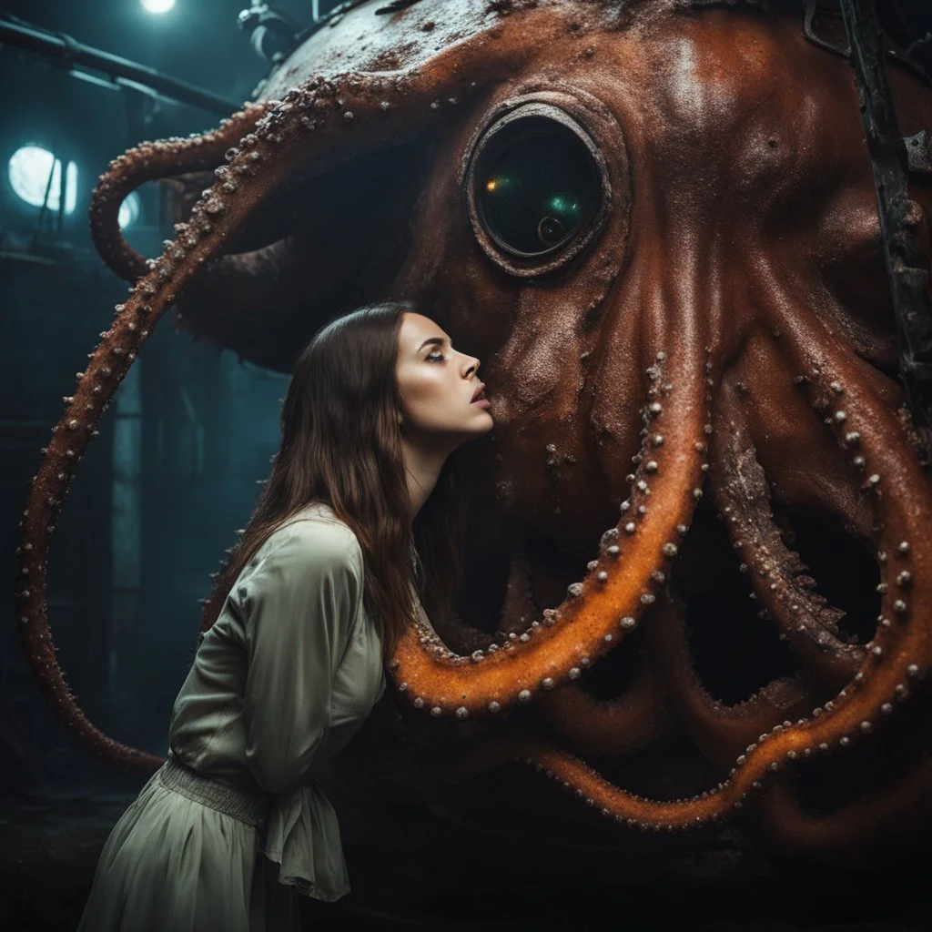 a beautiful girl is kissing a slimy gelatinous octopus creature inside a rusty metal tank, Lovecraftian cinematic lighting, horror movie scene, cinematic, 16k.