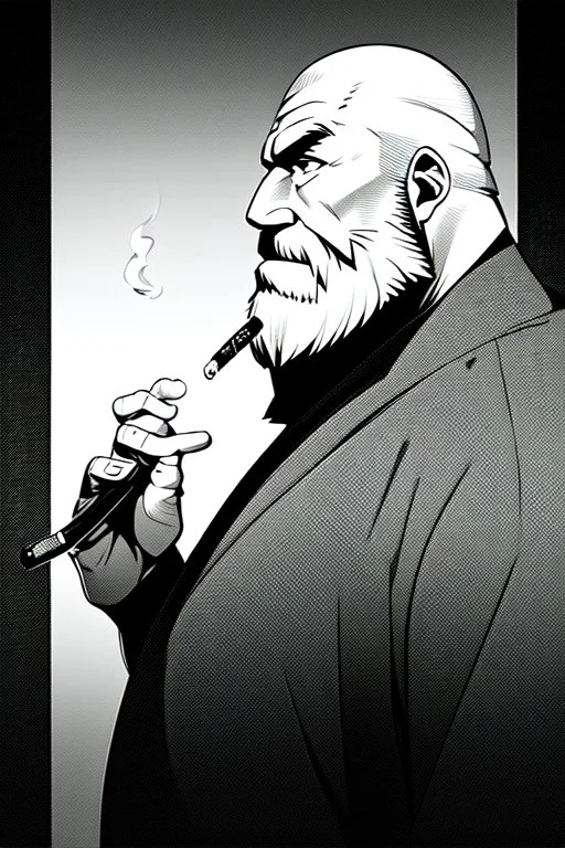 old man in profile smokes a cigar, shot hair, greyscale