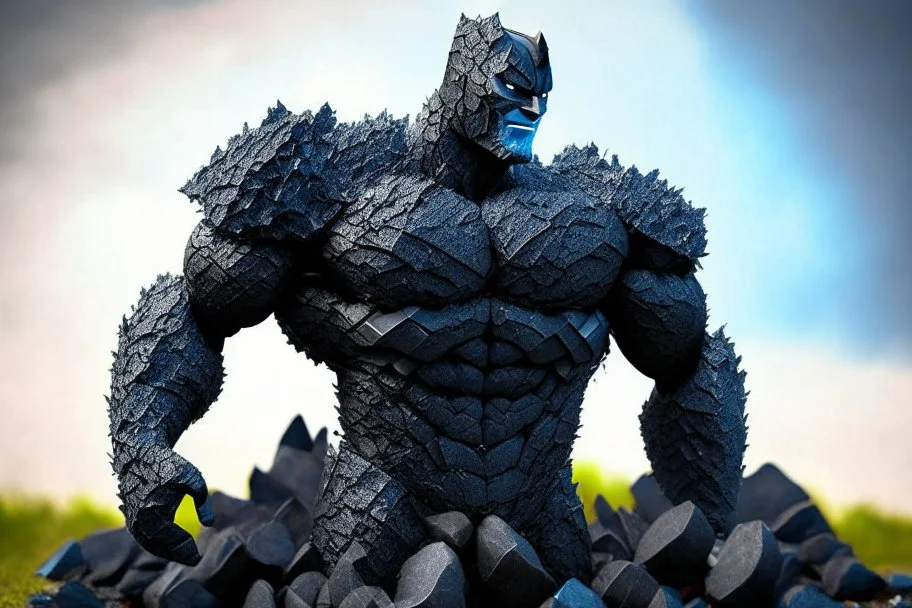 a rock superhero made out of biochar