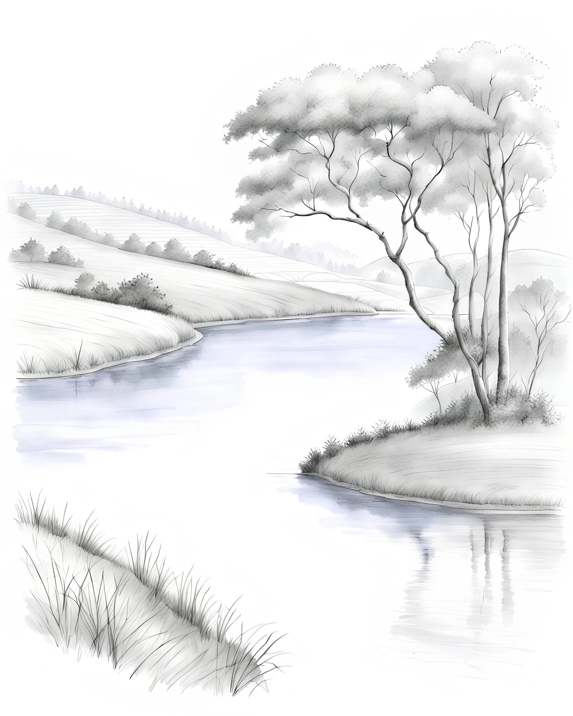 lake , tea plantation, , hand drawn illustration, pencil sketch in white background