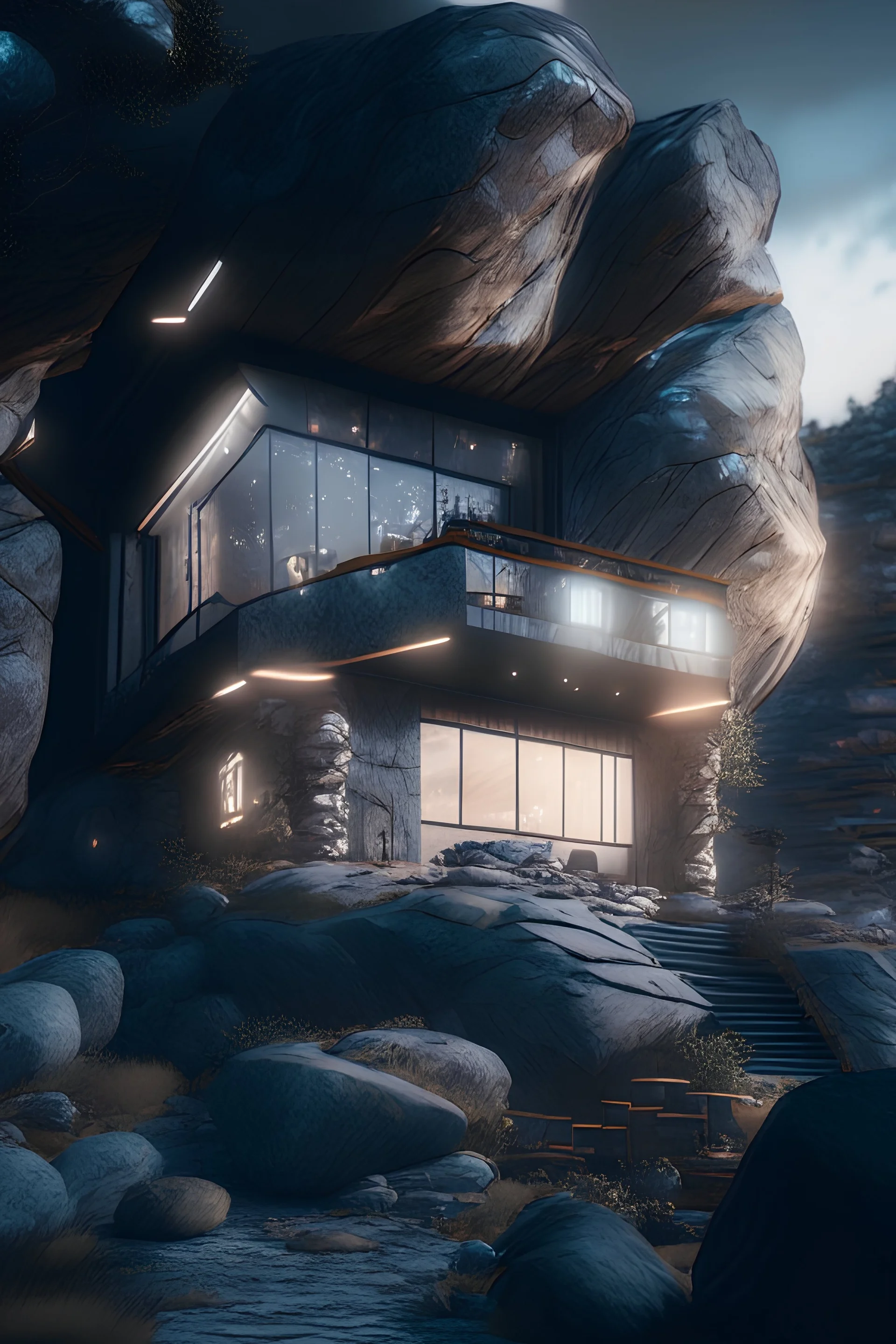 a home built in a huge rock, windows, doors, porches, awnings, middle of SPACE, cyberpunk lights, Hyper Detail, 8K, HD, Octane Rendering, Unreal Engine, V-Ray, full hd -- s5000 --uplight --q 3 --stop 80--w --ar 1:3, by małgorzata kmieczyk and LeCouffeDeCouffeDeharme, dramatic lighting, high contrast colors, baroque, empyrean, panoramic view, as trending on Artstation, highly detailed, doom engine,