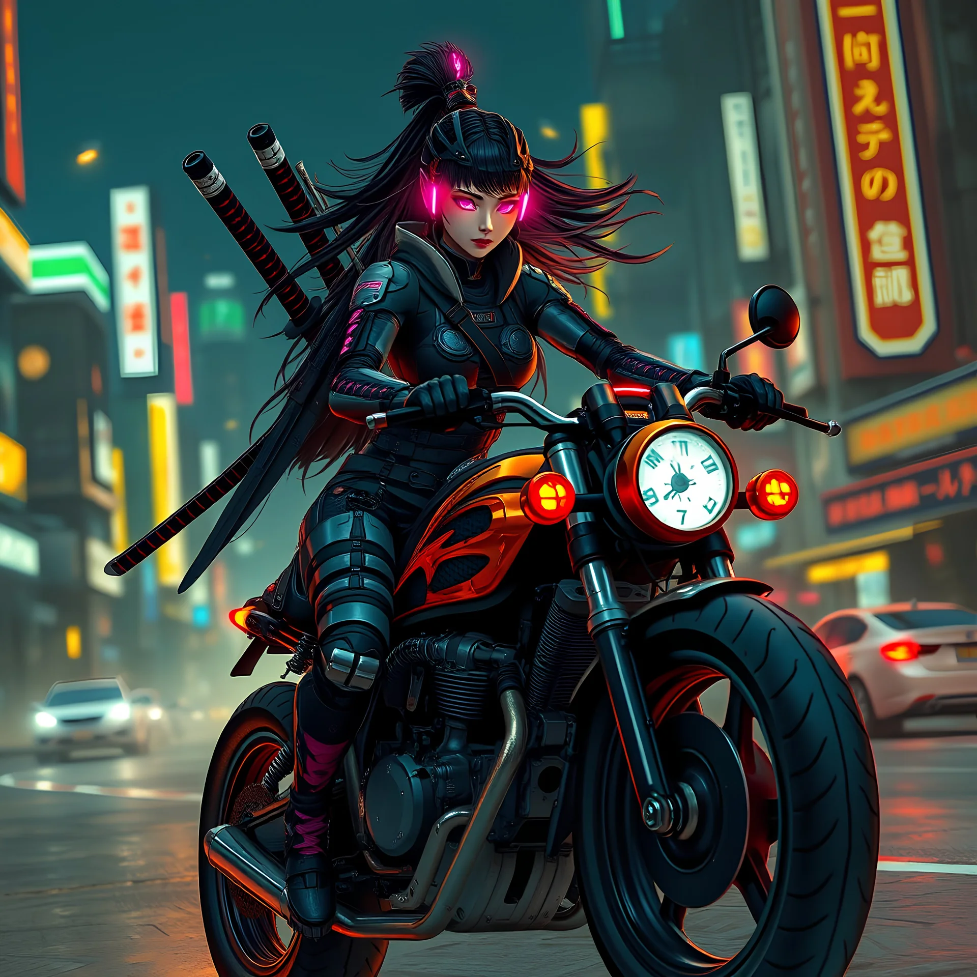 In a post-apocalyptic city at night, neon Asian cyborg female samurai warrior with hair flowing free, without a helmet, katanas strapped to her back riding a road warrior style chopper