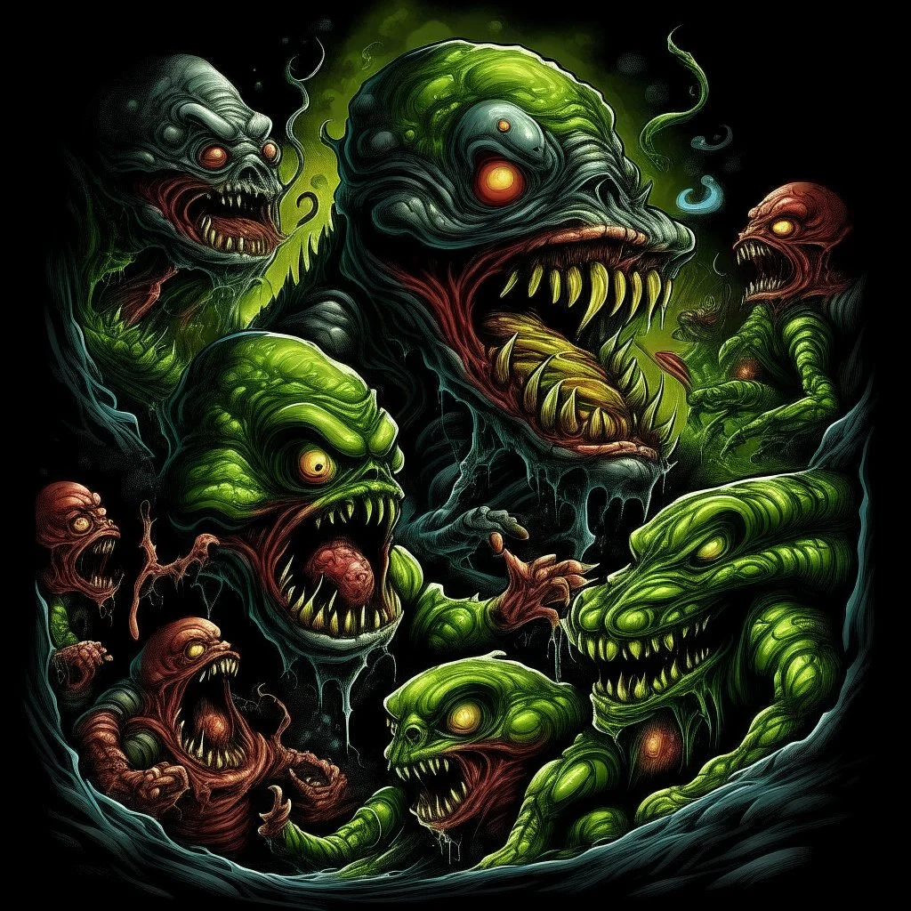 High_Quality_Art Digital Painting of Horror Monster creature genetic experiment by Richard Corben, Todd Schorr, T-Shirt Design, Black Background,