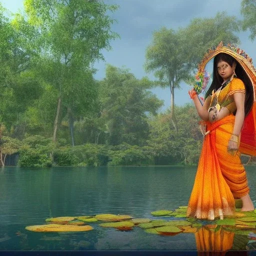 highly detailed indian lake with temple, indian woman in sari with children and lotus landscape with birds, jungle, sunset, illustration, cinematic lighting, 4k, 8k, octane render, digital concept art, trending on artstation, pinterest, extremely detailed, ambient lighting.