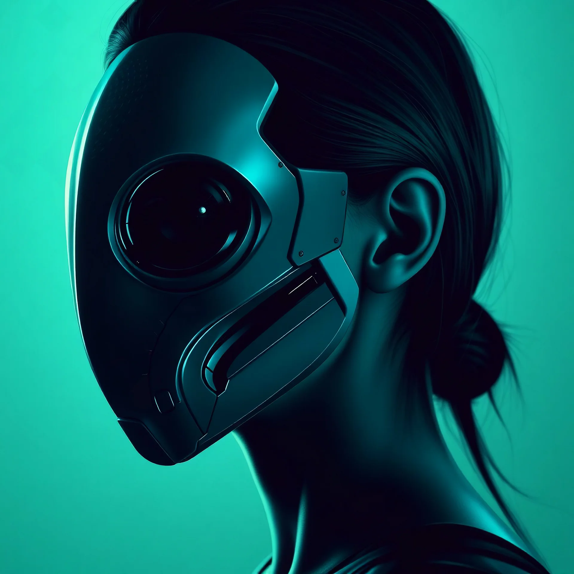 A side view of a woman in 10010, which bears an alien mask on the face that is portrayed in a futuristic digital art style. The lighting is dramatic with strong contrasts to emphasize the mask and facial features of the woman. The color palette consists of cool blues and greens to create a side atmosphere. The composition focuses on the complicated details of the mask and the expression of the woman, inspired by science fiction films and illustrations. The general mood is mysterious and fascinat