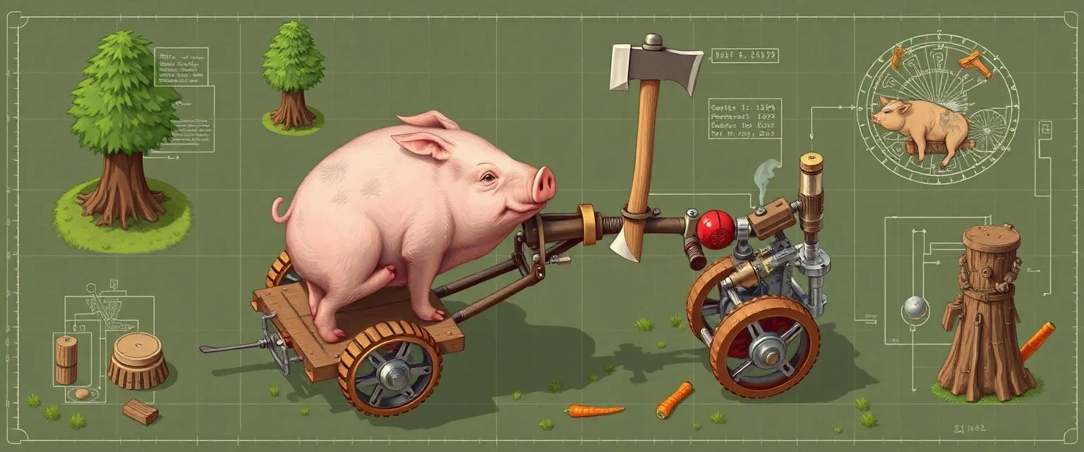 put a fucking tree crying pull oink the picture ok? we see a pig in action chopping down trees with the lumbotron, isometric blueprint of hi tech metal gear Gnome invention, winning prize at gnome convention, The Lumb-O-Tron A jury-rigged combination of a cart, pulley system, and an axe designed to chop down trees. The motion is powered by {a yoga pig in a wheel treadmill spurred by a carrot on a stick | a crude stationary bicycle | a tiny steam engine heated by a red pseudodragon in the chambe