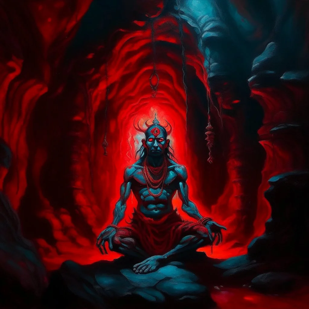 An oil painting of Hindu god YAMA in a cave, neon red colors, high detail, dark vibe