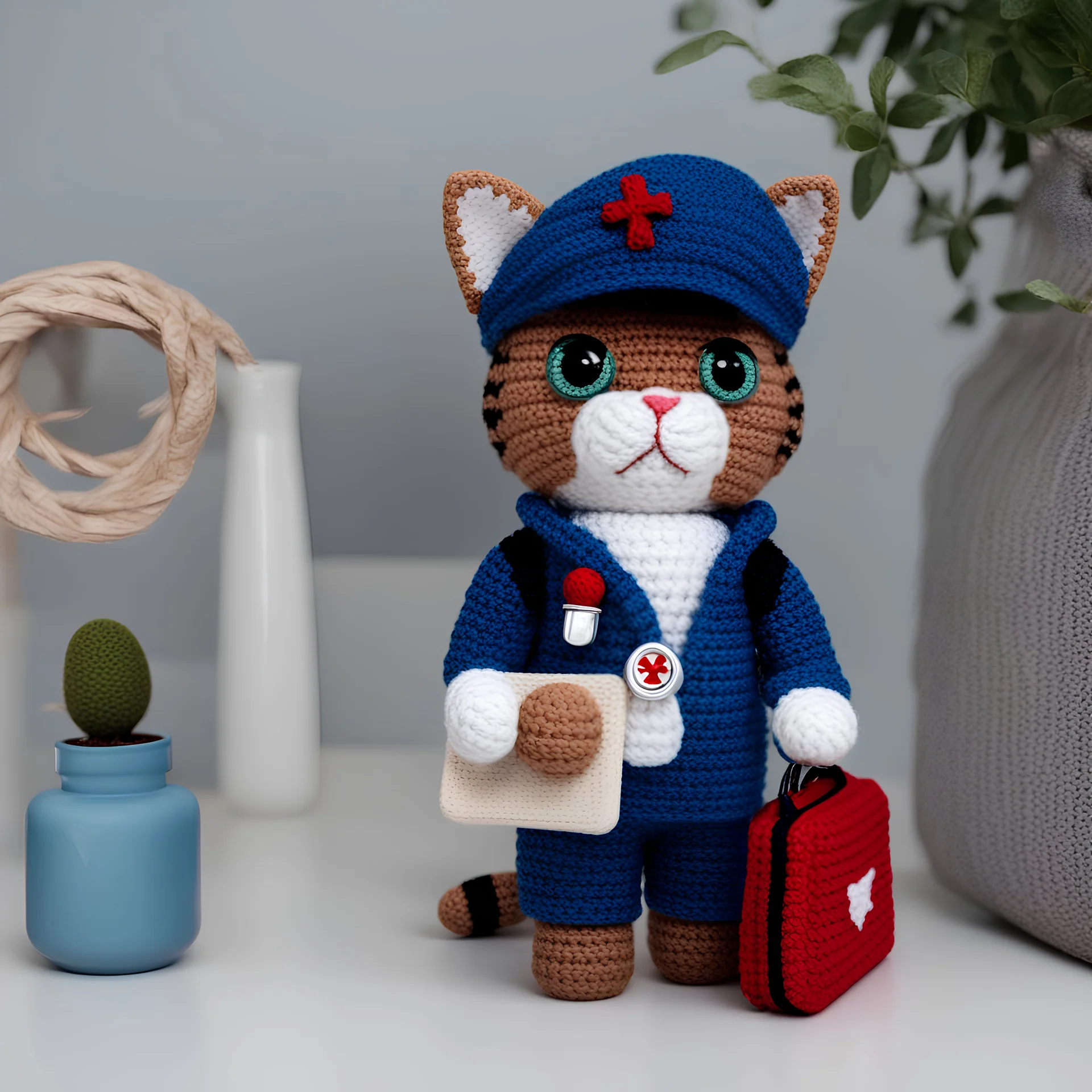 A crochet nurse cat in a blue uniform, carrying a crochet medical bag and a clipboard.