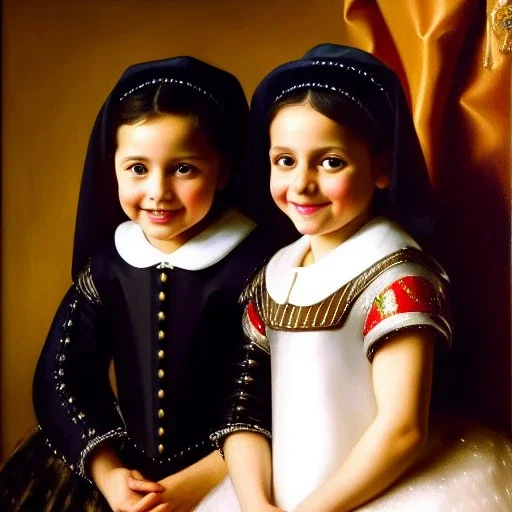 portrait of sisters Eira Santiago Arnau(ten year old, dark blonde) and Dalia Santiago Arnau (six year old, brunette) by Velazquez,smiling, oil on canvas, cinematic composition, extreme detail,8k,fit full head inside picture,