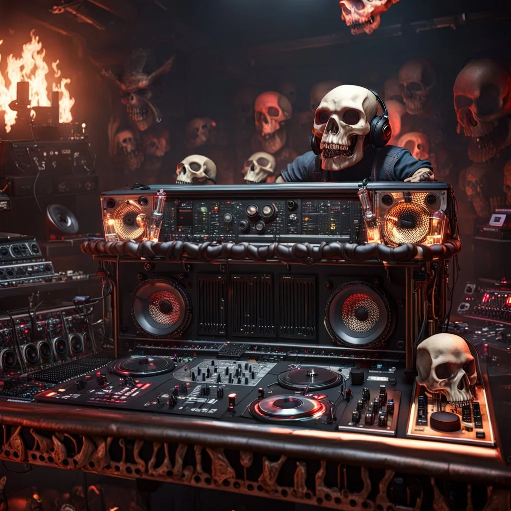 DJ of the damnded, insanely detailed DJ booth in hell, MID set, speakers and equipment made of bone, anatomically correct, add more skulls in th audience, photorealism, vray, 8k 3d https://stablecog.com/generate?o=a67b60e0-edd2-418d-9744-d1d585055d7fv https://stablecog.com/generate?o=93026b00-ac6b-436a-bc57-6aa04073d4a9