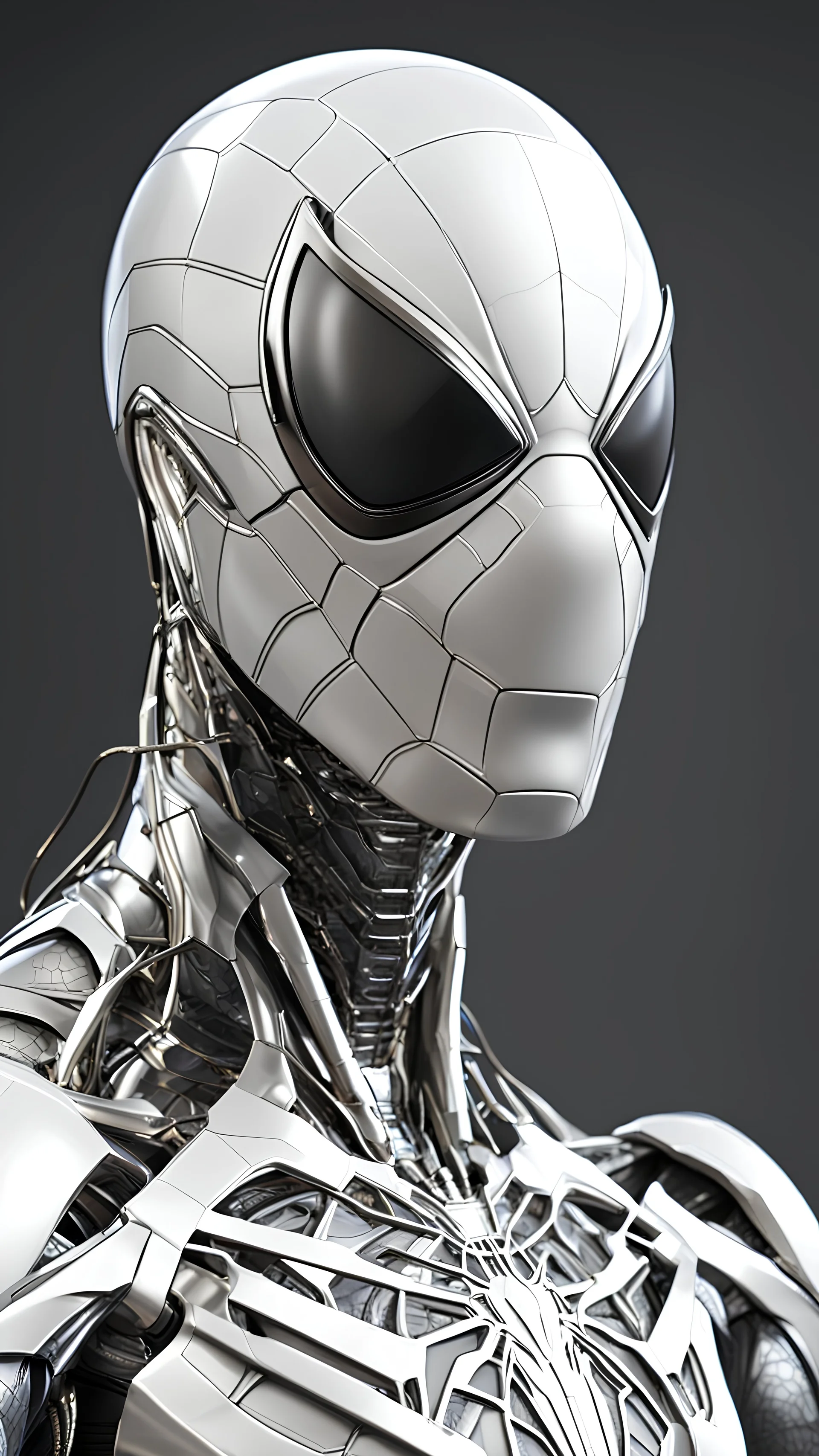 A realistic white Spiderman in a titanium cybernetic suit, detalhado, designe perfeito, alta qualidade arestas perfeitas e simetricas ::n_desenho de estilo, Low-quality imperfection, boneco, game, anime