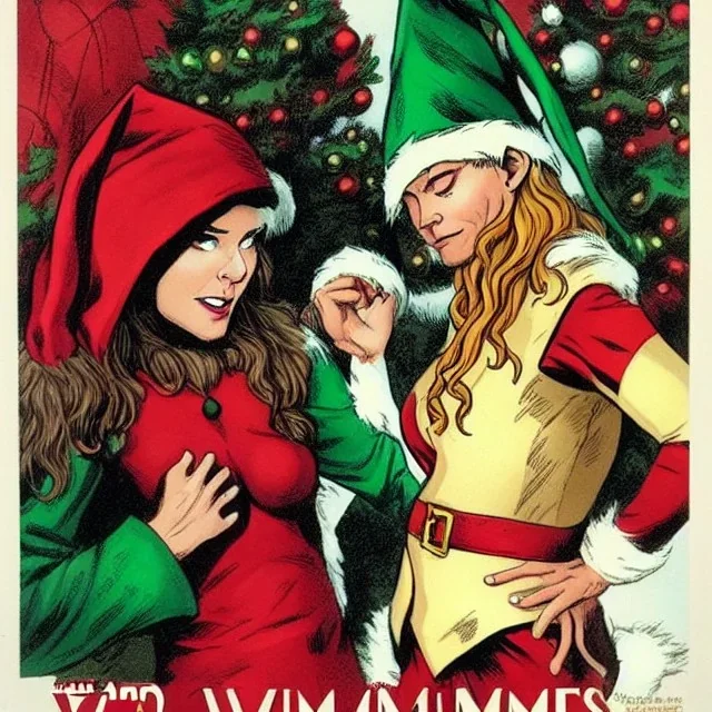 two elves. woman and man. Christmas scene. poster. marvel comic. low-key