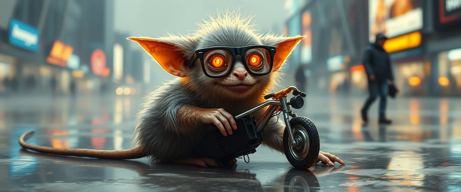 master oil painting by Rembrandt, glasses and ticks, cyberpunk imagery synchronized stylized fluffy gremlin with wolf rat aura laying low with drumming kit flat power trike , wet reflective salt flat city, fast motion blur background, scared bystander