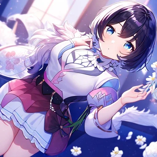 Clear focus,High resolution, Black short fluffy hair, and blue eyes, wearing a light pink short skirt with a white flower pattern near the bottom, Wearing light pink cut sleeves that have white long flaps under it with a flower pattern near the end, wearing a white collar